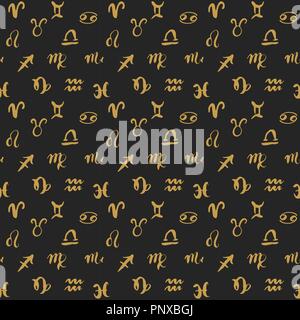 Sternzeichen nahtlose Muster. Hand gezeichnet Horoskop Astrologie Symbole, Grunge strukturierte Design, Typographie drucken, Vector Illustration. Stock Vektor