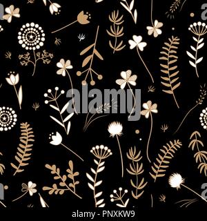 Nahtlose florales Muster mit Doodle Blätter und Kräuter. Vector Illustration. Gold wiese Pflanzen Silhouetten auf weißem Hintergrund Stock Vektor