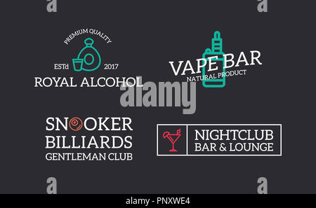 Satz von Retro Vintage night club, Billard, vape, Cognac, Diskothek logo oder Abzeichen, Embleme, Etiketten und Abzeichen und andere branding Objekte. Linienstil Stockfoto