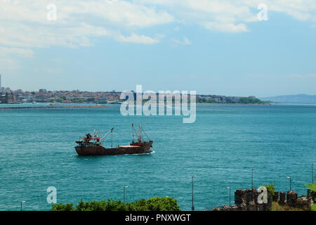 Istanbul, Türkei - 10. Juni 2016: Frachtschiff am Bosporus mit Blick auf Istanbul Stadt im Hintergrund. Stockfoto