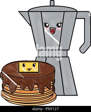 Kawaii Pfannkuchen und Kaffeemaschine auf weißem Hintergrund, Vector Illustration Stock Vektor