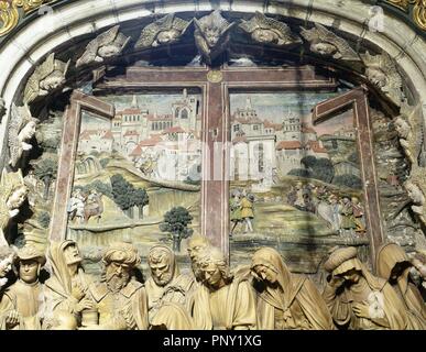 Spanien. Galizien. Santiago de Compostela Kathedrale. Kapelle der Frömmigkeit oder Chaple des Heiligen Kreuzes oder Kapelle von Mondragon. Terracotta Entlastung der Wehklage über toten Christus, durch Renaissance Bildhauer Miguel Perrin (1498?-1552) im Jahr 1526 modelliert. Detail. Stockfoto