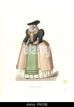 Frau aus dem Elsass, aus dem 16. Jahrhundert. Frau eines Master ropemaker von Straßburg. Papierkörbe Abbildung von E.Lechevallier-Chevignard, Lithographiert von A. Didier, L., F. Flameng Laguillermie, von Georges Duplessis's 'Kostüme historiques des XVIe, XVIIe et XVIIIe siecles" (Historische Kostüme des 16., 17. und 18. Jahrhundert), Paris 1867. Das Buch war eine Fortsetzung der Reihe auf die Kostüme des 12. bis 15. Jahrhundert von Camille Bonnard und Paul Mercuri von 1830 veröffentlicht. Georges Duplessis (1834-1899) war Kurator der Drucke, die Abteilung an der Bibliotheque Nationale. Edmond Lechevallie Stockfoto