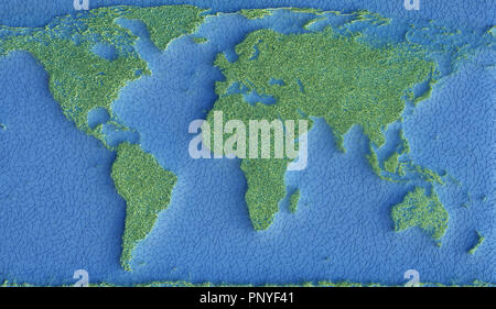 Karte des Planeten Erde durch grüne Gras und die Meere durch ein Netz von Verbindungen in blauer Farbe dargestellt. 3D-Darstellung. Stockfoto