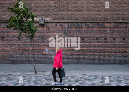 Eine einsame Person an einem einsamen Baum an einem windigen Tag in London. Stockfoto