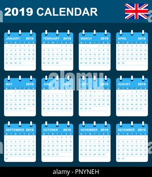 Englisch Kalender für 2019. Scheduler, Agenda oder Tagebuch Vorlage. Woche beginnt am Montag Stock Vektor