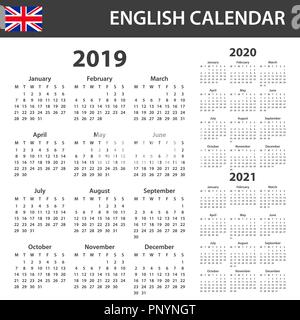 Englisch Kalender für 2019, 2020 und 2021. Scheduler, Agenda oder Tagebuch Vorlage. Woche beginnt am Montag Stock Vektor