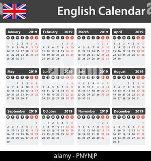 Englisch Kalender für 2019. Scheduler, Agenda oder Tagebuch Vorlage. Woche beginnt am Montag Stock Vektor