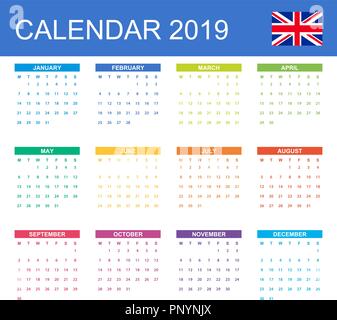 Englisch Kalender für 2019. Scheduler, Agenda oder Tagebuch Vorlage. Woche beginnt am Montag Stock Vektor