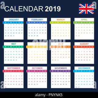 Englisch Kalender für 2019. Scheduler, Agenda oder Tagebuch Vorlage. Woche beginnt am Montag Stock Vektor