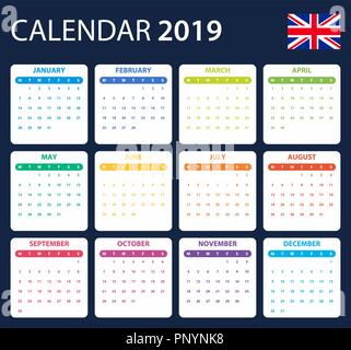 Englisch Kalender für 2019. Scheduler, Agenda oder Tagebuch Vorlage. Woche beginnt am Montag Stock Vektor