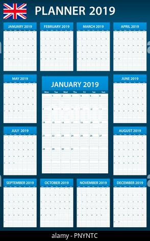 UK Routenplaner leer für 2019. Englisch Scheduler, Agenda oder Tagebuch Vorlage. Woche beginnt am Montag Stock Vektor