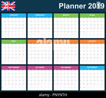 UK Routenplaner leer für 2019. Englisch Scheduler, Agenda oder Tagebuch Vorlage. Woche beginnt am Montag Stock Vektor