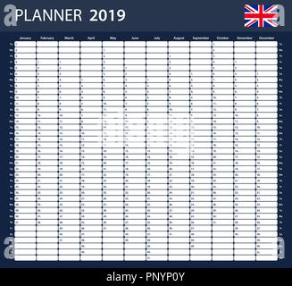 UK Routenplaner leer für 2019. Englisch Scheduler, Agenda oder Tagebuch Vorlage. Woche beginnt am Montag Stock Vektor