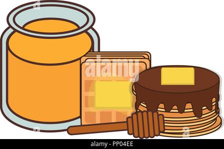 Kawaii Pfannkuchen und Waffeln mit Orangensaft auf weißem Hintergrund, Vector Illustration Stock Vektor