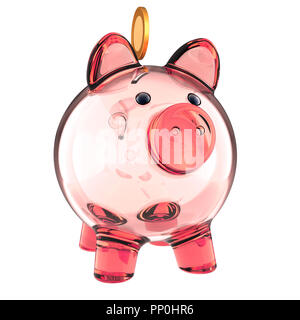 Glas Sparschwein rosa leer und goldene Münze. spart Geld, Spenden, Zahlung, Bankgeschäft, verdienen, Finanzen Symbol Konzept. 3D-Illustration, isoliert Stockfoto