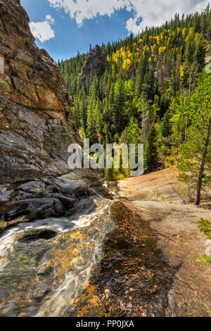 Golden Aspen Tree pop auf dem gegenüberliegenden Hang Bridal Veil Falls über Kuh Creek im Rocky Mountain National Park, Estes Park, Colorado. Stockfoto