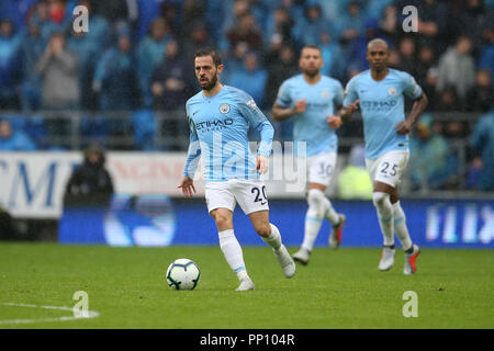 Cardiff, Großbritannien. 22 Sep, 2018. Bernardo Silva von Manchester City in Aktion, l. Premier League match, Cardiff City v Manchester City an der Cardiff City Stadion am Samstag, den 22. September 2018. Dieses Bild dürfen nur für redaktionelle Zwecke verwendet werden. Nur die redaktionelle Nutzung, eine Lizenz für die gewerbliche Nutzung erforderlich. Keine Verwendung in Wetten, Spiele oder einer einzelnen Verein/Liga/player Publikationen. pic von Andrew Obstgarten/Andrew Orchard sport Fotografie/Alamy Live news Credit: Andrew Orchard sport Fotografie/Alamy leben Nachrichten Stockfoto