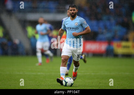 Cardiff, Großbritannien. 22 Sep, 2018. Sergio Agüero von Manchester City in Aktion. Premier League match, Cardiff City v Manchester City an der Cardiff City Stadion am Samstag, den 22. September 2018. Dieses Bild dürfen nur für redaktionelle Zwecke verwendet werden. Nur die redaktionelle Nutzung, eine Lizenz für die gewerbliche Nutzung erforderlich. Keine Verwendung in Wetten, Spiele oder einer einzelnen Verein/Liga/player Publikationen. pic von Andrew Obstgarten/Andrew Orchard sport Fotografie/Alamy Live news Credit: Andrew Orchard sport Fotografie/Alamy leben Nachrichten Stockfoto