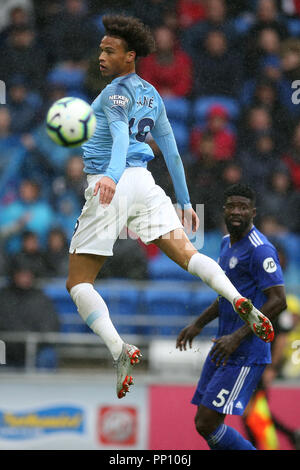 Cardiff, Großbritannien. 22 Sep, 2018. Leroy Sane von Manchester City in Aktion. Premier League match, Cardiff City v Manchester City an der Cardiff City Stadion am Samstag, den 22. September 2018. Dieses Bild dürfen nur für redaktionelle Zwecke verwendet werden. Nur die redaktionelle Nutzung, eine Lizenz für die gewerbliche Nutzung erforderlich. Keine Verwendung in Wetten, Spiele oder einer einzelnen Verein/Liga/player Publikationen. pic von Andrew Obstgarten/Andrew Orchard sport Fotografie/Alamy Live news Credit: Andrew Orchard sport Fotografie/Alamy leben Nachrichten Stockfoto