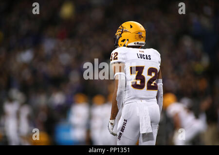 Seattle, WA, USA. 22 Sep, 2018. Die Arizona State Sun Devils Defensive zurück Paul Lucas (32) wartet auf eine Kick Return während eines Spiels zwischen den Arizona State Sun Devils und Washington Schlittenhunde Husky Stadium in Seattle, WA. Sean Brown/CSM/Alamy Live News Credit: Cal Sport Media/Alamy leben Nachrichten Stockfoto