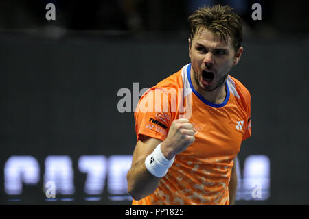 Sankt Petersburg, Russland. 22 Sep, 2018. Stan Wawrinka der Schweiz reagiert während des St. Petersburg Open ATP Tennis Turnier semi final Match in St. Petersburg. Quelle: Igor Russak/SOPA Images/ZUMA Draht/Alamy leben Nachrichten Stockfoto