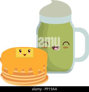 Kawaii Pfannkuchen und Milchshake mit weißem Hintergrund, Vector Illustration Stock Vektor