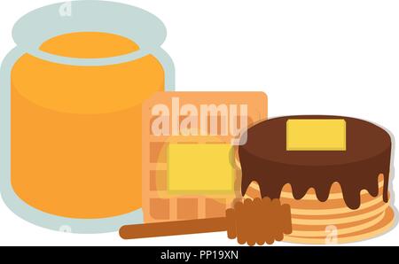Kawaii Pfannkuchen und Waffeln mit Orangensaft auf weißem Hintergrund, Vector Illustration Stock Vektor