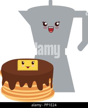 Kawaii Pfannkuchen und Kaffeemaschine auf weißem Hintergrund, Vector Illustration Stock Vektor