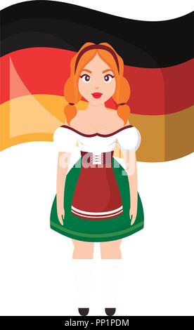 Deutsche Flagge und Frau trägt einen typisch bayerischen Kostüm Symbol auf weißem Hintergrund, Vector Illustration Stock Vektor