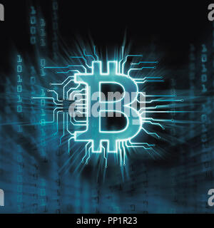 Bitcoin ₿ cryptocurrency, digitale dezentrale Währungssymbol, konzeptionelle Darstellung eines Bitcoin zu einem blockchain Netzwerk verbunden. Stockfoto
