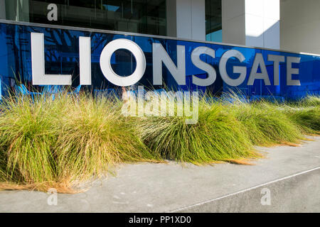 Ein logo Zeichen außerhalb des Hauptsitzes der Lions Gate Entertainment Corp., in Santa Monica, Kalifornien am 15. September 2018. Stockfoto