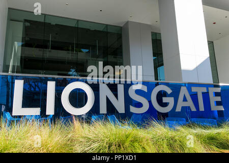 Ein logo Zeichen außerhalb des Hauptsitzes der Lions Gate Entertainment Corp., in Santa Monica, Kalifornien am 15. September 2018. Stockfoto