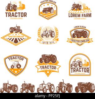 Einstellen des Traktors Embleme. Farmers Market. Design Element für Logo, Label, sign. Vector Illustration Stock Vektor