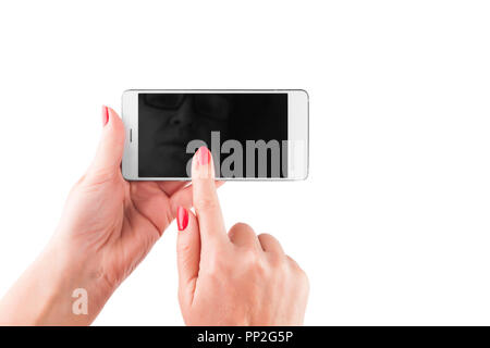 Weibliche Hand berühren und eine Mobile Smartphone Stockfoto