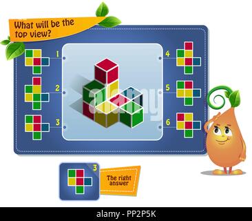 Lernspiel für Kinder, Puzzle. Entwicklung des räumlichen Denkens bei Kindern (geeignet sowohl für Kinder und Erwachsene). Aufgabe spiel Was wird oben vi. Stock Vektor