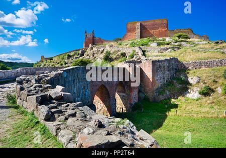 Schloss Hammershus, die größte Burgruine Nordeuropas an steilen Granit Felsen an der Ostsee gelegen, Bornholm, Dänemark Stockfoto