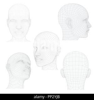 Vector Illustration der ein Mädchen Kopf aus verschiedenen Blickwinkeln. Polygonale bedeckenden Haut. Isoliert. Stock Vektor