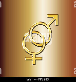 Golden Geschlecht männlich und weiblich Symbol - 3D-Illustration - braunen Hintergrund Stockfoto