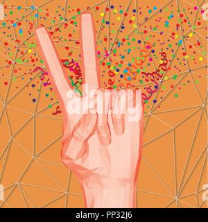 Vector Illustration als Symbol für den Frieden in der Welt. Hand mit zwei Fingern auf dem Hintergrund der Explosion Slapstick. Polygonale arm und den Hintergrund. Stock Vektor