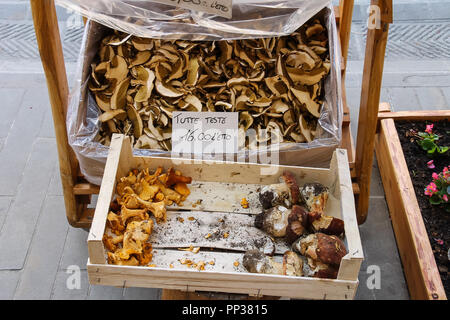 Getrocknete und frische Pilze in der Straße verkaufen. Fanano, Italien Stockfoto