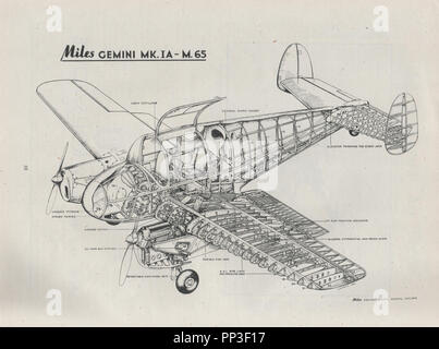 Meilen M.65 Gemini Schnittzeichnung auf Januar 1947 datiert. Das Gemini war eine britische Zweimotorigen 4-seat touring Flugzeuge entwickelt im Jahr 1945 und 170 waren bis 1947 produziert. Es war auch das letzte volle Flugzeuge des Unternehmens. Stockfoto