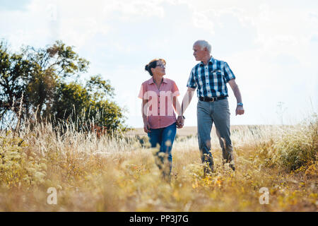 Senior Paar über Wiese halten jedes andere Hände Stockfoto