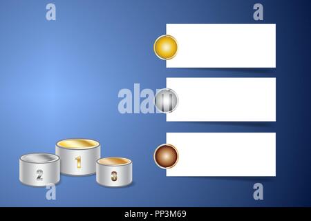 Sport Infografik mit Bühne der Gewinner und weiße Etiketten für Gold, Silber und Bronze Auftrag bereit. Alle auf der blauen Gradienten Hintergrund. Stock Vektor