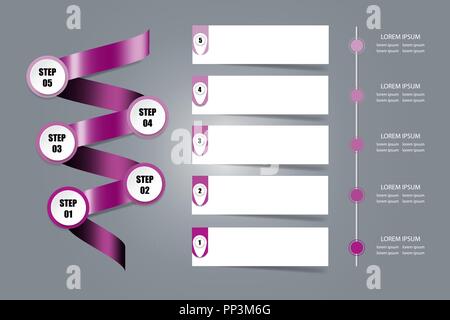 Infografik Präsentation von lila Metallspirale, die fünf Schritte des Prozesses, 5 leeren weißen Noten für Ihren Text und Zeitplan für die fünf Schritte bereit Stock Vektor