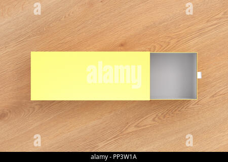 Golden leer Leer lange Box auf hölzernen Hintergrund geöffnet. 3D-Darstellung Stockfoto