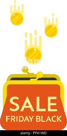 Schwarzer Freitag Verkauf. Beschriftung design Vorlage. Rote Geldbörse mit goldenen Münzen. Geld sparen. Isolierte Vector Illustration auf weißem Hintergrund. Stock Vektor