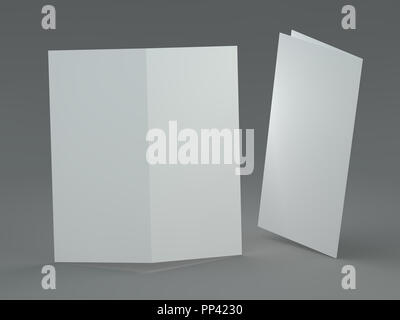 Weiße Vorlage Faltblatt auf grauem Hintergrund. Mockup. 3D-Rendering Stockfoto