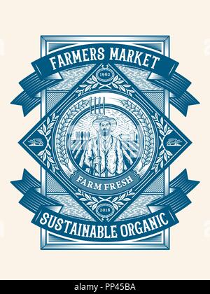 Die Landwirte ökologische nachhaltige Landwirtschaft Abzeichen ist ein Vektor Illustration über Farm Qualität Produkte bei km 0. Stock Vektor