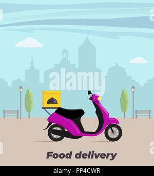 Food Delivery Service Konzept Abbildung. Motorrad mit Food Box auf dem Stamm. Big City für den Hintergrund. Vektor flachbild Abbildung Stock Vektor